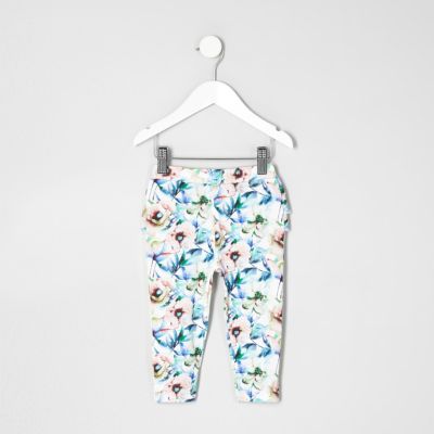 Mini girls white floral ruffle leggings